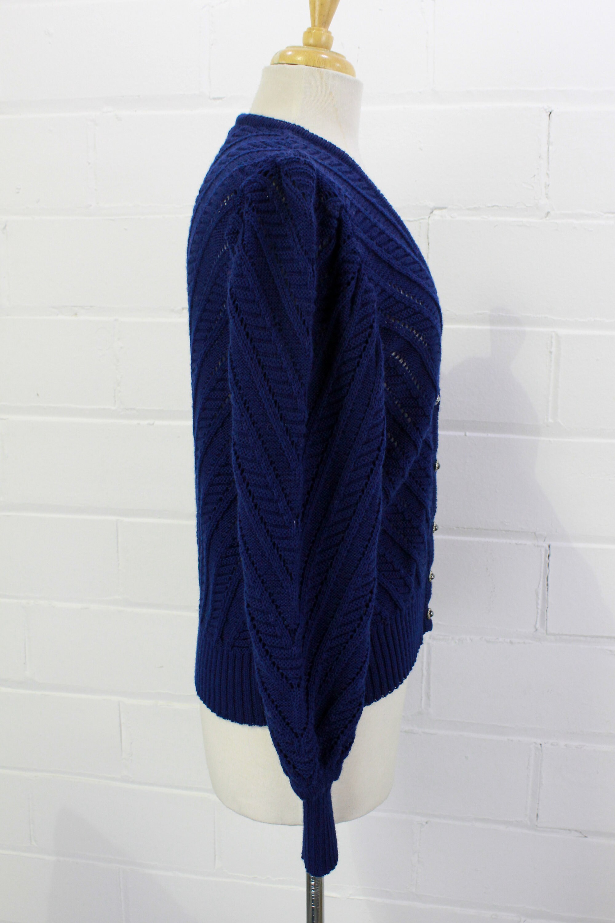 Vintage Austrian Navy Blue Wool Cardigan Trachten Style, Silver