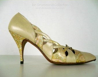 1960s Metallic Gold & Pink Paisley Leather High Heel Shoes, Vintage Metallic Leather Cutwork, Gainsborough Shoes Miami, US SZ 8N 3 3/4" Heel