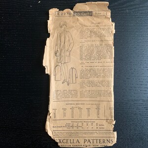 May include: A vintage sewing pattern for a girls' coat, size 14, with instructions on how to make the coat. The pattern is from the Excella Corporation in New York and costs 25 pence. The pattern includes measurements for different sizes and ages.