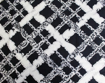 1960s Black and White Floral Print Cotton, 4 Yards, Vintage Sewing Fabric