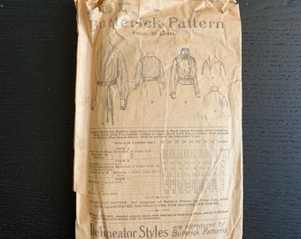 Vintage Late Victorian Womens Blouse-Waist Sewing Pattern Butterick 9725, Shawl Collar or High Neck, Bust 36", Pre-Cut, Missing One Piece