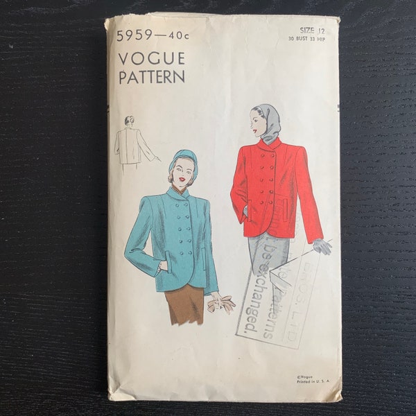 1940s Womens Jacket Sewing Pattern Vogue 5959, Double-Breasted Box Jacket, Size 12, Bust 30", Pre-Cut, Complete
