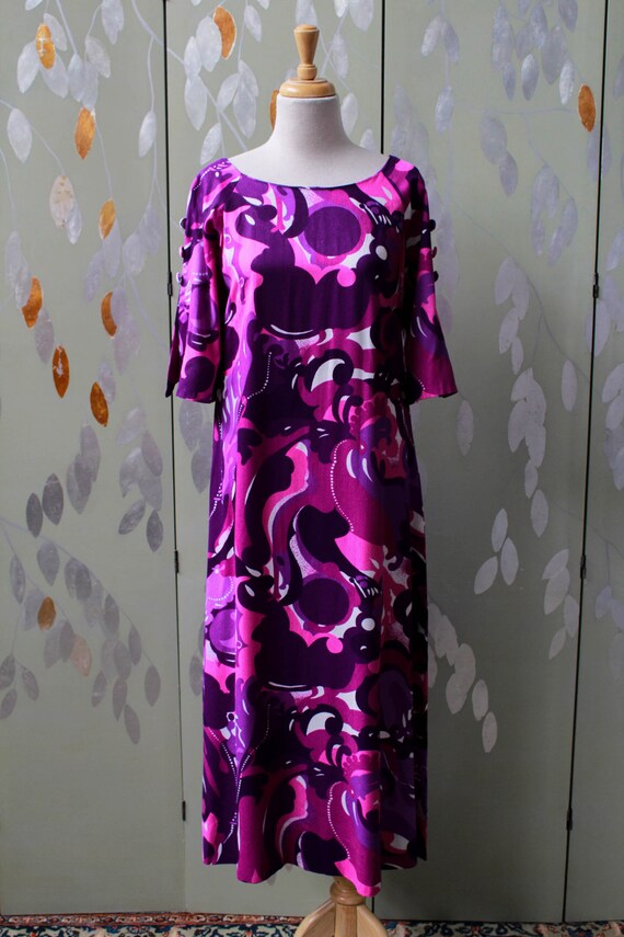 VTG 70S PSYCHEDELIC FLORAL EMPIRE MAXI DRESS PINK PURPLE WHITE ORANGE RED 10 12