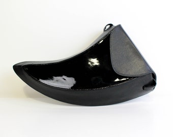 80s/90s Shark Tooth Shaped Patent Leather Purse, Black Patent Leather, Vintage Crossbody Purse