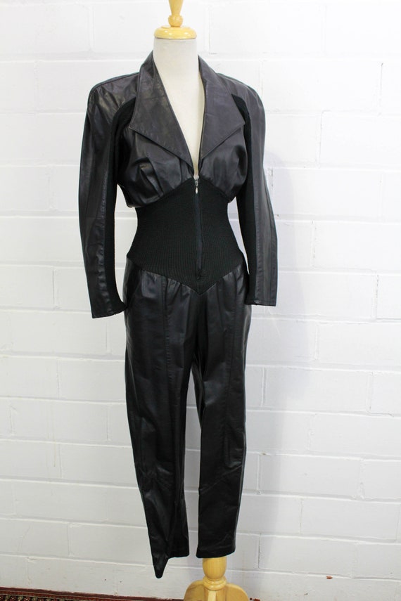 80s Black Leather Jumpsuit, XS, Climax by Karen O… - image 2