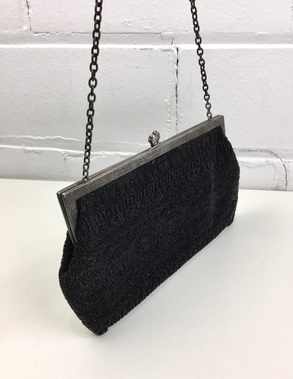 1950s Purse, Black Glass Beaded Evening Bag with … - image 7