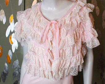 1950s Pink Ruffled Lace Bed Jacket, S/M, Pink Tiered Ruffles with Tie at Neck, Coquette Aesthetic