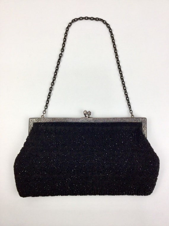 1950s Purse, Black Glass Beaded Evening Bag with … - image 3