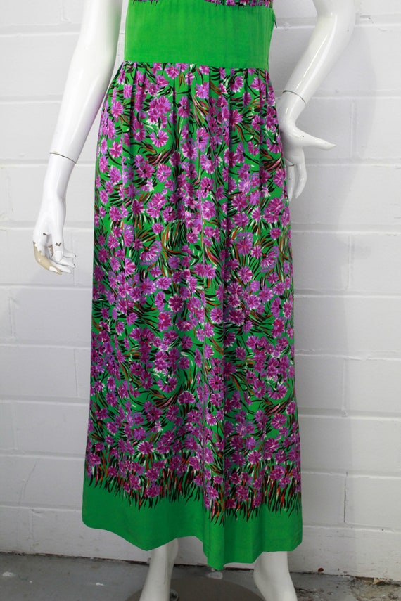 1970s Silk Maxi Dress Green and Purple Floral Pri… - image 2