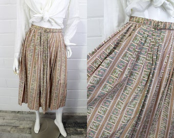 1950s Novelty Print Full Skirt with Matching Belt, Floral Print Taupe, Pink, Blue and Green, Pleated Vintage Skirt, XS Waist 24