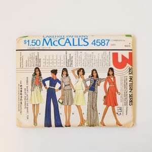 May include: Vintage McCall's 4587 sewing pattern from 1975. The pattern features illustrations of women's clothing designs, including a shirt, jacket, top, skirt, and trousers. The pattern is for sizes 6-8-10.