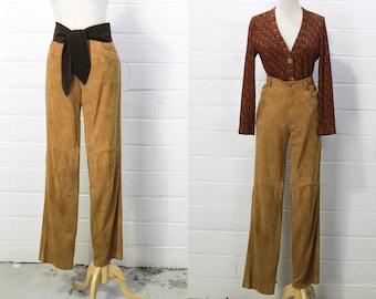 80s Suede Leather Pants with Sash Belt, 31 Waist, High Waisted, Straight Leg, Vintage 1980s Tan Suede Pants by Neto