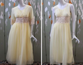 1960s Yellow Peingoir and Night Gown Set, Small, Vintage Limoncello Chiffon Peignoir Set