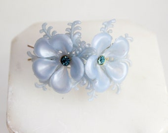 1960s Flower Barrette, Blue Flowers, Rhinestone Centres, Vintage Mid Century Bun/Pony Tail Hair Clip Barrette