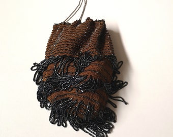 Vintage 1920s Amber and Silver Beaded Evening Bag, 20s Flapper Art Deco Drawstring Pouch, Antique Crochet Reticule, Glass Seed Bead Fringe