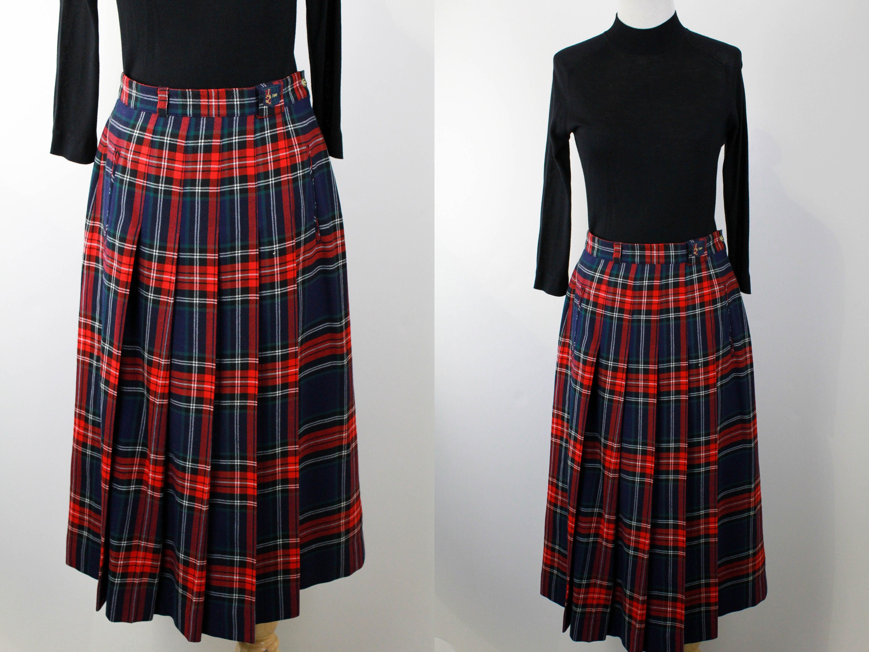 Vintage Tartan Al Jean Pleated Skirt Red Navy Wool Plaid Midi