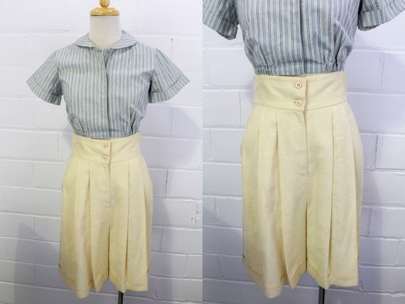 Vintage 1980s Cream Linen Bermuda Dress Shorts, M… - image 1