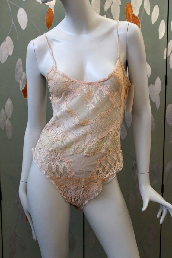 Vintage Pink and Taupe Lace Lingerie Bodysuit, Med