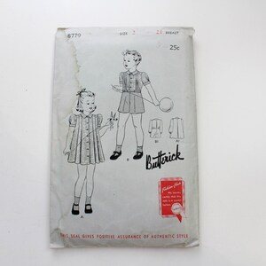 1940s Girls and Boys Sewing Pattern Buttrick 8779, Vintage Children's Dress and Suit Pattern, Complete, Breast 21