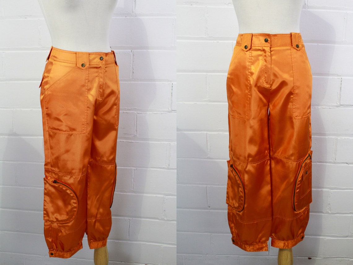90s Y2K Orange Satin Cargo Pants High Waisted Metallic Rave | Etsy