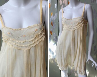 1920s Cotton Step-In with Floral Embroidery, Antique Lingerie Teddy