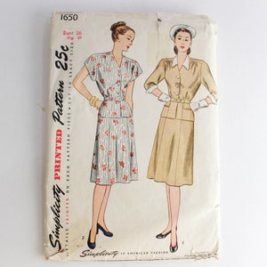 1940s Two Piece Dress Sewing Pattern Simplicity 1650, Womens Vintage Pattern, 40s Day Dress, B36&quot;, H39&quot;, Complete