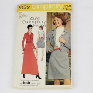 May include: Simplicity sewing pattern number 5132 for a young contemporary fashion dress and jacket. The pattern is for knit fabrics only and includes instructions for a dress with a long skirt and a jacket with a shorter skirt. The pattern is for size 12, with a bust measurement of 34 inches and a waist measurement of 26 1/2 inches.