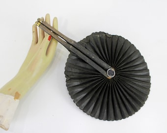 Victorian Cockade Fan, Round Mourning Folding Fan, Antique Black Circular Fan, Gothic 19th Century