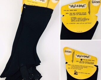 Vintage 60s Spats, 16&quot;.Spat-a-bout Long Black Stretch Nylon Spats with Elastic Snap Stirrup, Fownes, One Size, Mod, Cosplay , x 16