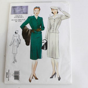 1940 年代復刻版 Vogue Vintage 2198 裁縫パターン、女性用トップスとスカート、未カット、バスト 34、完全 FF