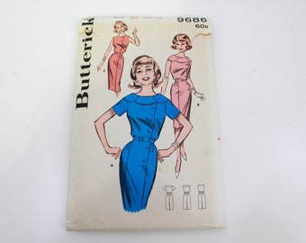 1960s Women's Dress Sewing Pattern Butterick 9686, Side Buttoned, Petal Collar, Vintage 60s Dress Pattern, Unused, Bust 34 in.