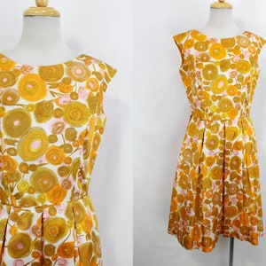 1950s Floral Party Dress, Orange and Pink Abstract Floral Print, Vintage 50s Formal Fit and Flare Dress, Medium Bust 40&quot;