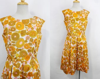 1950s Floral Party Dress, Orange and Pink Abstract Floral Print, Vintage 50s Formal Fit and Flare Dress, Medium Bust 40"