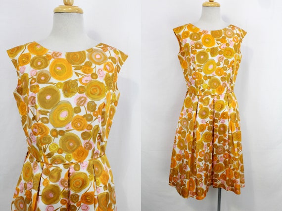 1950s Floral Party Dress, Orange and Pink Abstrac… - image 1