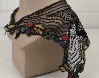 Vintage Edwardian Embroidered Detachable Collar, Black Net Lace with Multicolor Floral Embroidery & Beading, 20s Art Deco Applique Collar