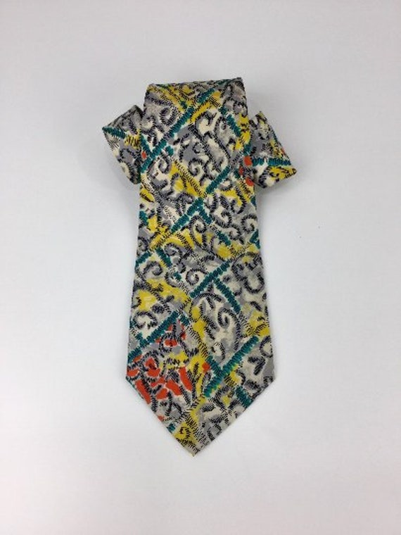 1940s Tie, Men's Wide Turquoise & Yellow Scribble… - image 1