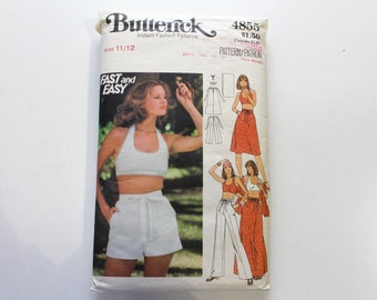 70s Halter Top, Skirt, Pants, Shorts, & Stole Sewing Pattern Butterick 4855, Vintage Pattern Bust 32, Complete