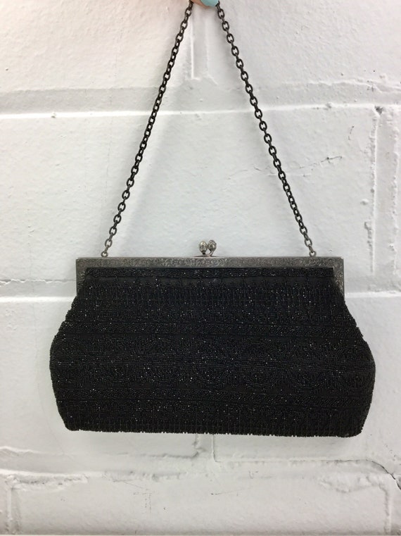 1950s Purse, Black Glass Beaded Evening Bag with … - image 8