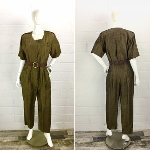80s Plus Size Robert Haik Jumpsuit in Brown Textured Linen, B46" W34", Pleated Waist, Shoulder Pads, Epaulettes, Front Zipper