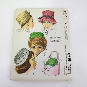 May include: McCall's sewing pattern 6515 for junior and misses' smocked hats. The pattern includes four different hat styles, with instructions for making hats in black, white, or any colour. The pattern is printed with a transfer.
