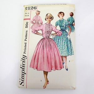 1950s Women's One Piece Dress Sewing Pattern Simplicity 2126, Full Skirt, Collared Dress, Short or Long Sleeves, Bust 34 in. Complete