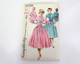 1950s Women's One Piece Dress Sewing Pattern Simplicity 2126, Full Skirt, Collared Dress, Short or Long Sleeves, Bust 34 in. Complete