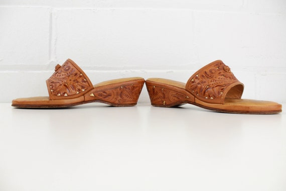 1950s Tooled Leather Sandals, Vintage Tan Leather San… - Gem