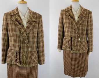 Costume Christian Lacroix des années 90, Costume vintage Christian Lacroix Designer Check Plaid Jupe en Laine, Fabriqué en France, Grand