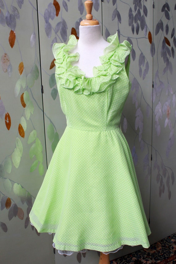1960s Lime Green Polka Dot Party Dress, Small, Ru… - image 2