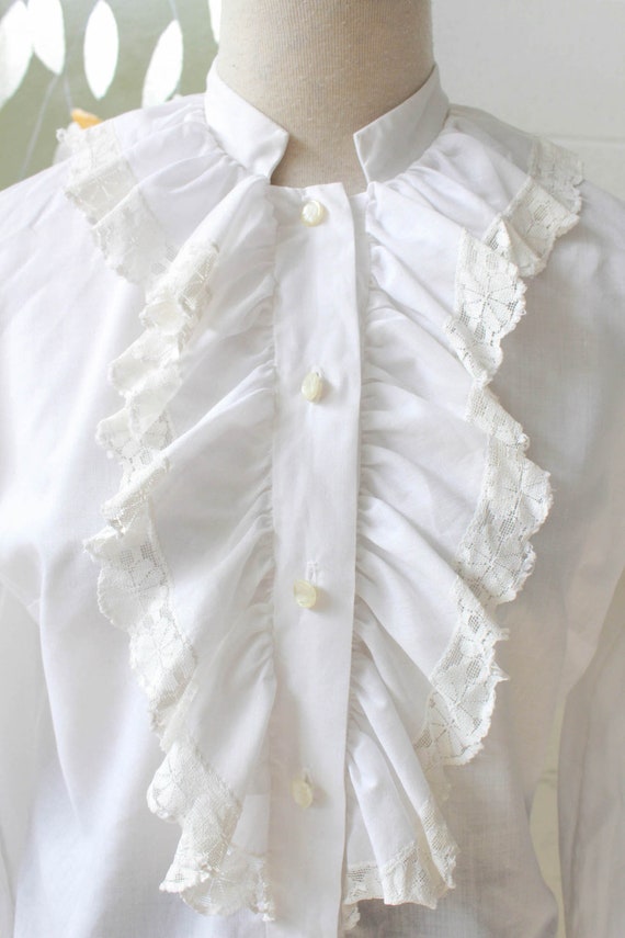 White Ruffle Jabot 60s/70s White Ruffle Jabot Blouse, Small, Romantic Vi… - Gem