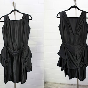1920s Black Silk Dress with Cut Out Straps, XS, Balloon Peplum Skirt