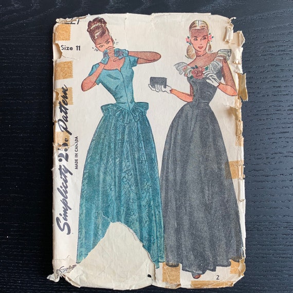 1940s Evening Gown Sewing Pattern Simplicity 2227, 1947 Gown with Matching  Gloves, Vintage Sewing Pattern, Complete, Pre-Cut