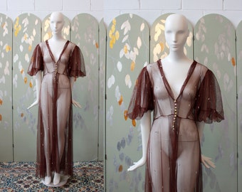 Brown 1930s Sheer net duster with puff sleeves