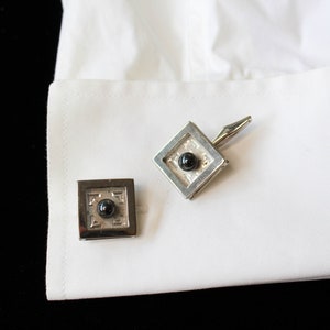 Vintage Square Silver-Tone Cufflinks, Black Centre, Gift for Him